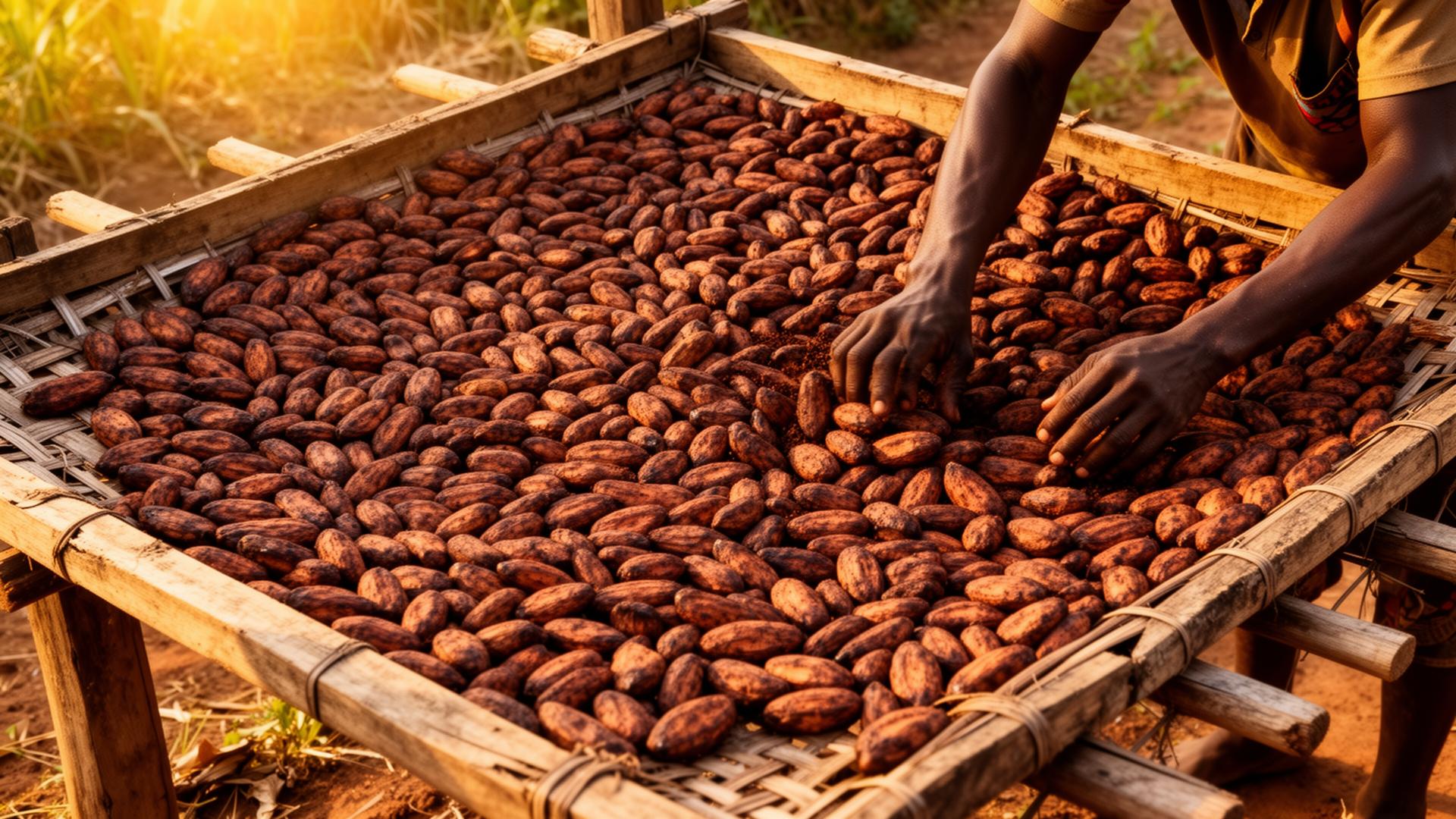 Premium dried cacao beans being sun-dried on traditional raised beds in Kono District Sierra Leone